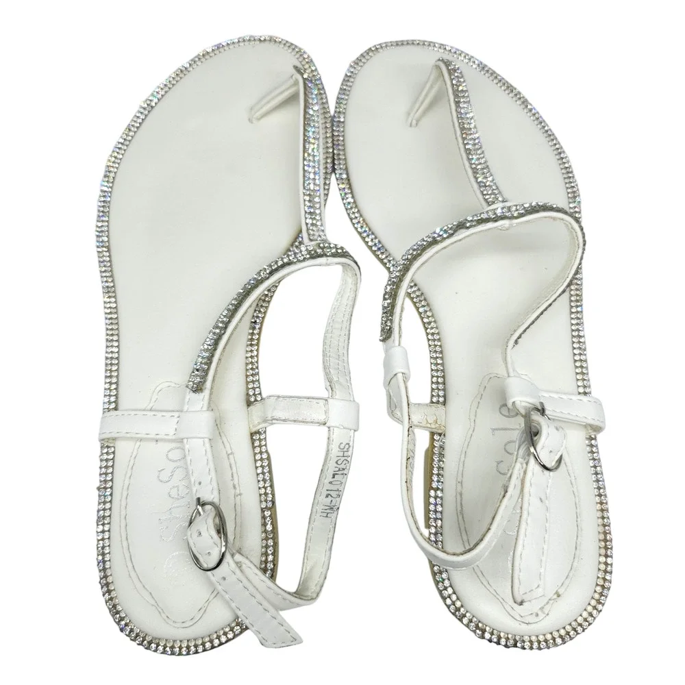 White Sparkly Sandals Rhinestones Embellished Dressy Thong Ankle Strap Womens 36 - Picture 3 of 12